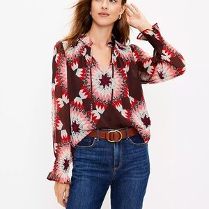 Loft Garden Smocked Ruffle Tie Neck Top